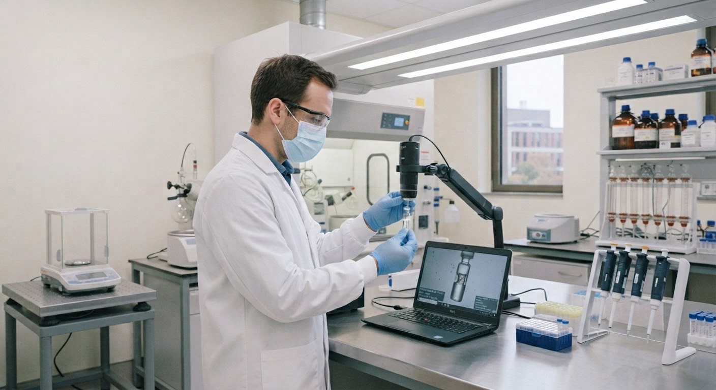 Pesquisador da BioSynedic analisando uma amostra com equipamento de laboratório