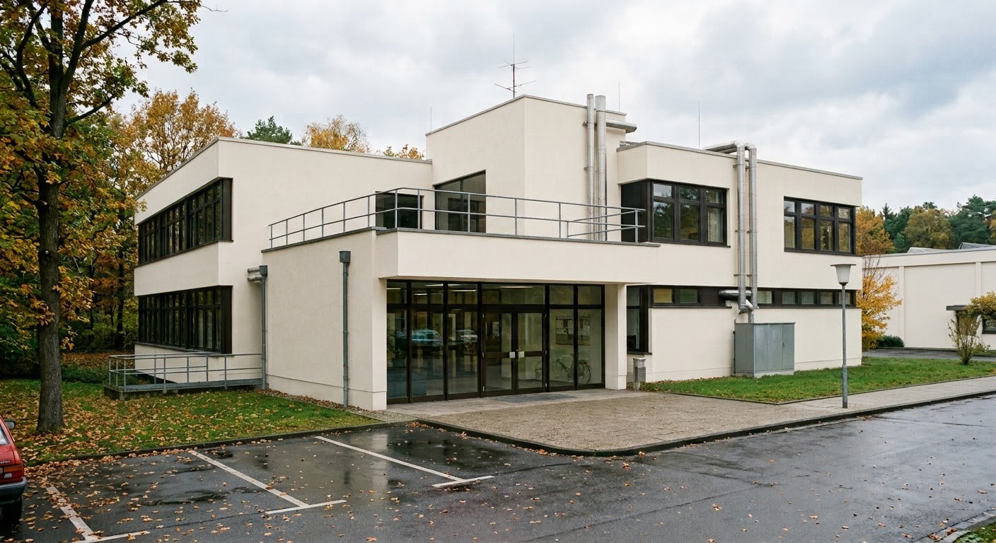 Sede do laboratório BioSynedic, edifício moderno cercado por árvores