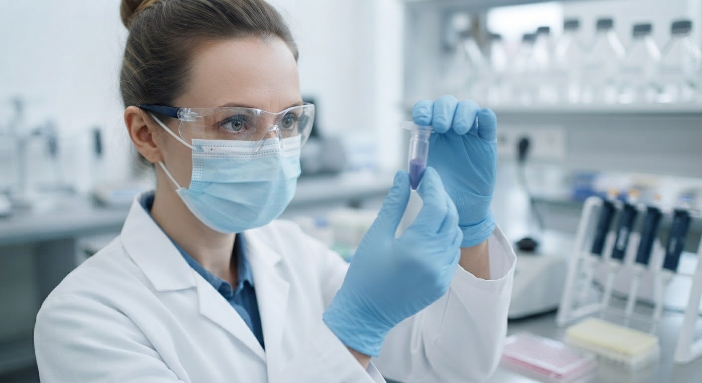 Cientista da BioSynedic inspecionando um frasco de peptídeo