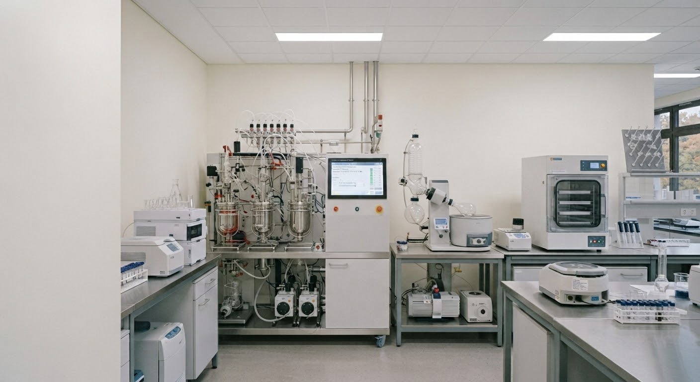 Bancadas do laboratório BioSynedic com equipamentos de síntese e análise peptídica