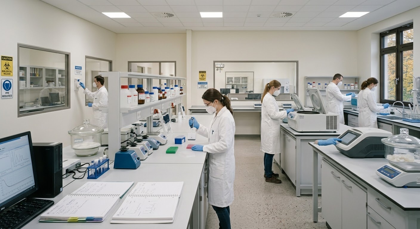 Sala 2 de Controle de Qualidade da BioSynedic, com técnicos em jaleco e luvas analisando amostras